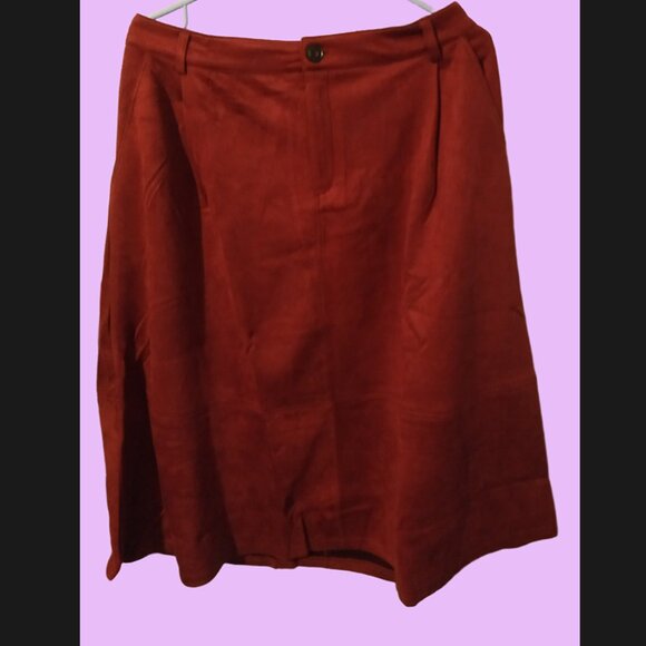 Faux Suede High Waisted Pleated A-Line Midi Skirt with Pockets - Picture 4 of 6